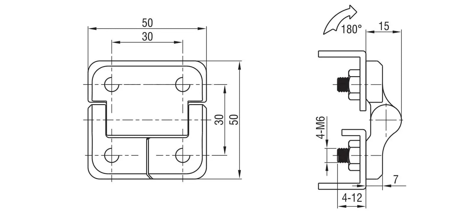 Technical diagram of zinc alloy hydraulic gate hinge with constant friction torque for 50x50 doors, showing measurements.