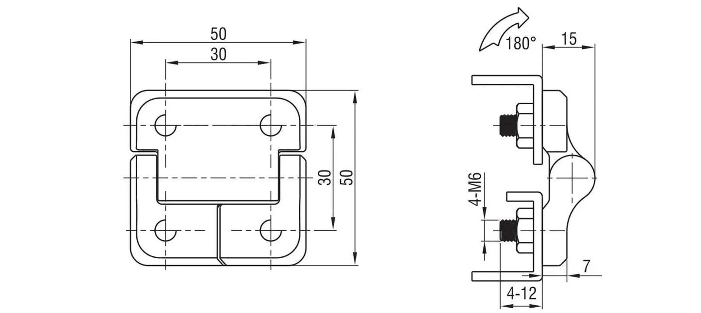 Technical diagram of Heavy Duty Zinc Alloy Torque Hinge Hydraulic With Constant Friction For Gates And Furniture, 50x50 size.