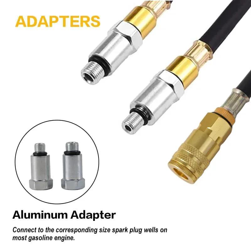 Cylinder Leak Down Tester Kit With Dual Gauge And Pressure Regulator For Gasoline Engines Includes Spark Plug Adapters M10 M12 M14 M18 TU21 Blue adapters close-up view