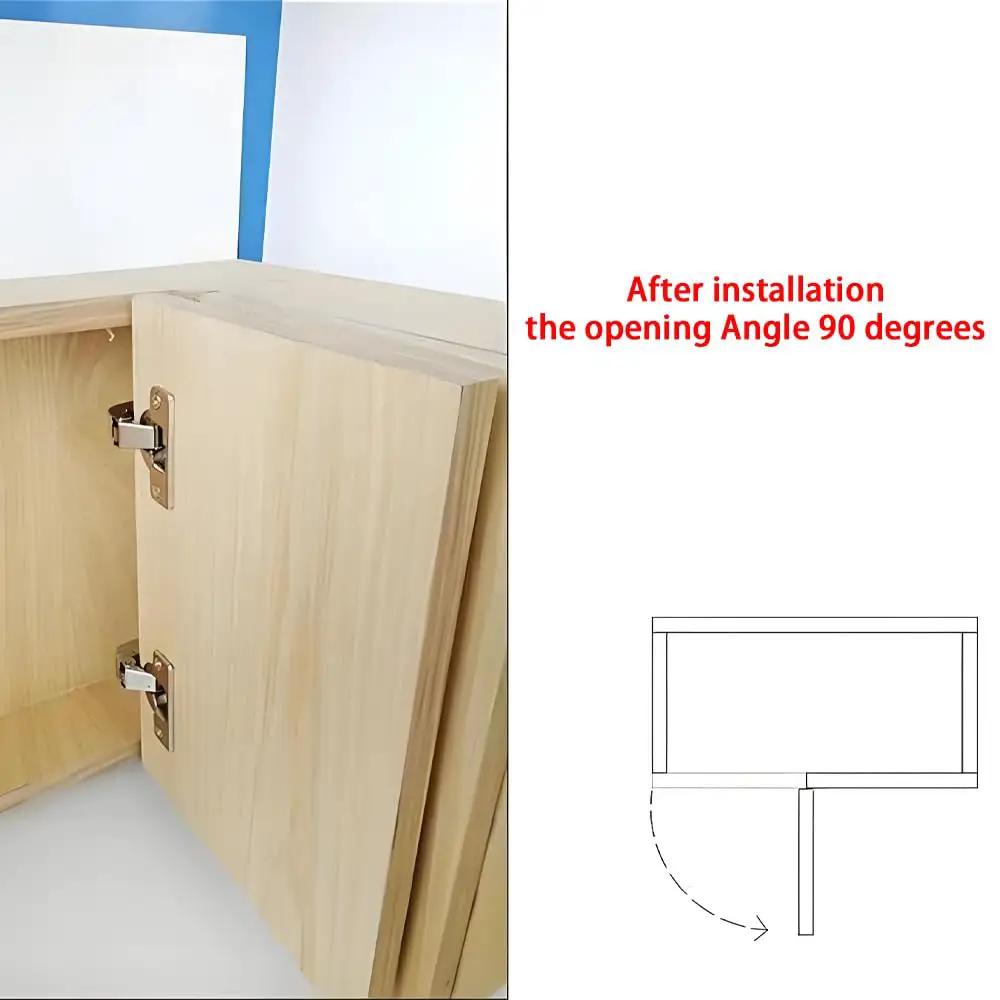 2 Piece Frameless Cabinet Door Hinges With 90 Degree Opening Soft Close Hydraulic Kitchen Hinges Made From Rust Resistant Cold Rolled Steel Nickel Plated Replacement Hardware For Cabinets 4 Holes installed on wooden cabinet door.