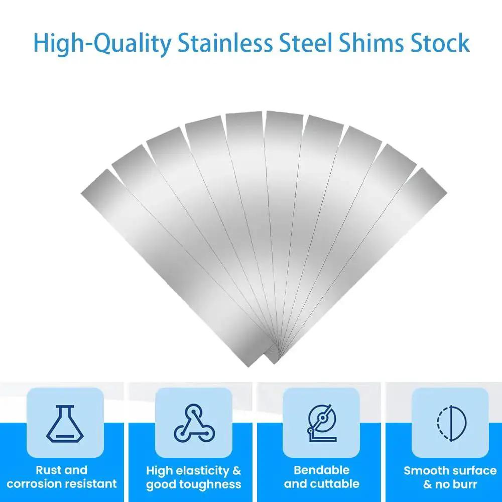 30 Piece 304 Stainless Shim Stock Set 1 Inch By 6 Inch With 10 Thicknesses displayed fanned out, highlighting smooth surface.