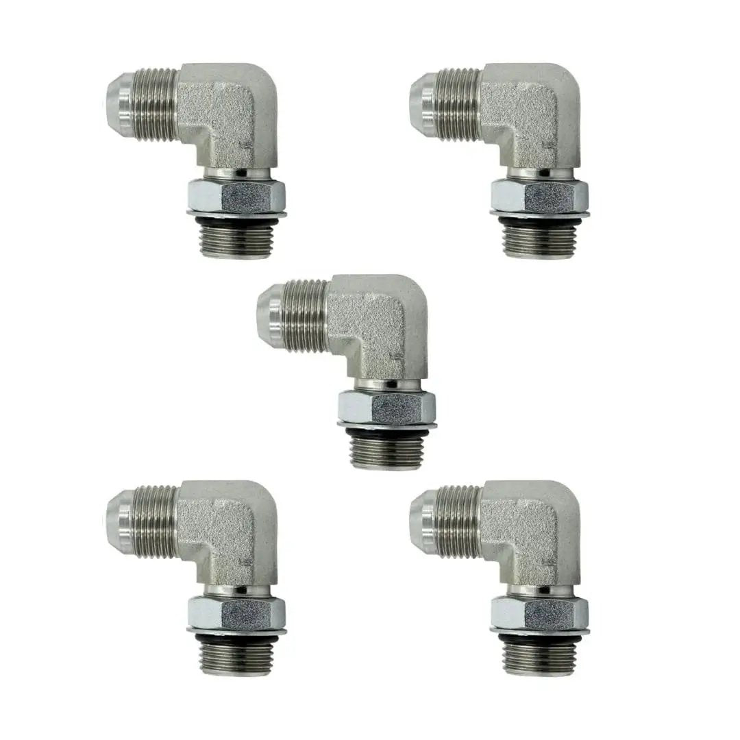 Five-pack of One Quarter Inch JIC Male and Six SAE ORB Male Corner Elbow Hydraulic Adapters for fluid power systems, carbon steel, 7500 PSI.