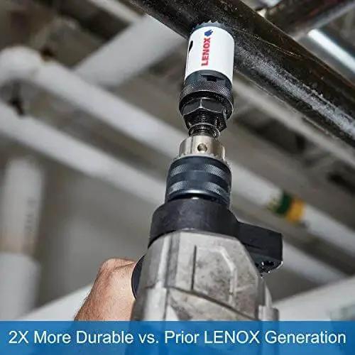 Power drill with Bi Metal Hole Saw With Speed Slot For Fast Metal Cutting Seven Eighths Inch Arbor Twice As Durable With Longer Life And Larger Sharp Teeth For Quick Penetration And Easy Plug Ejection By LENOX Tools.