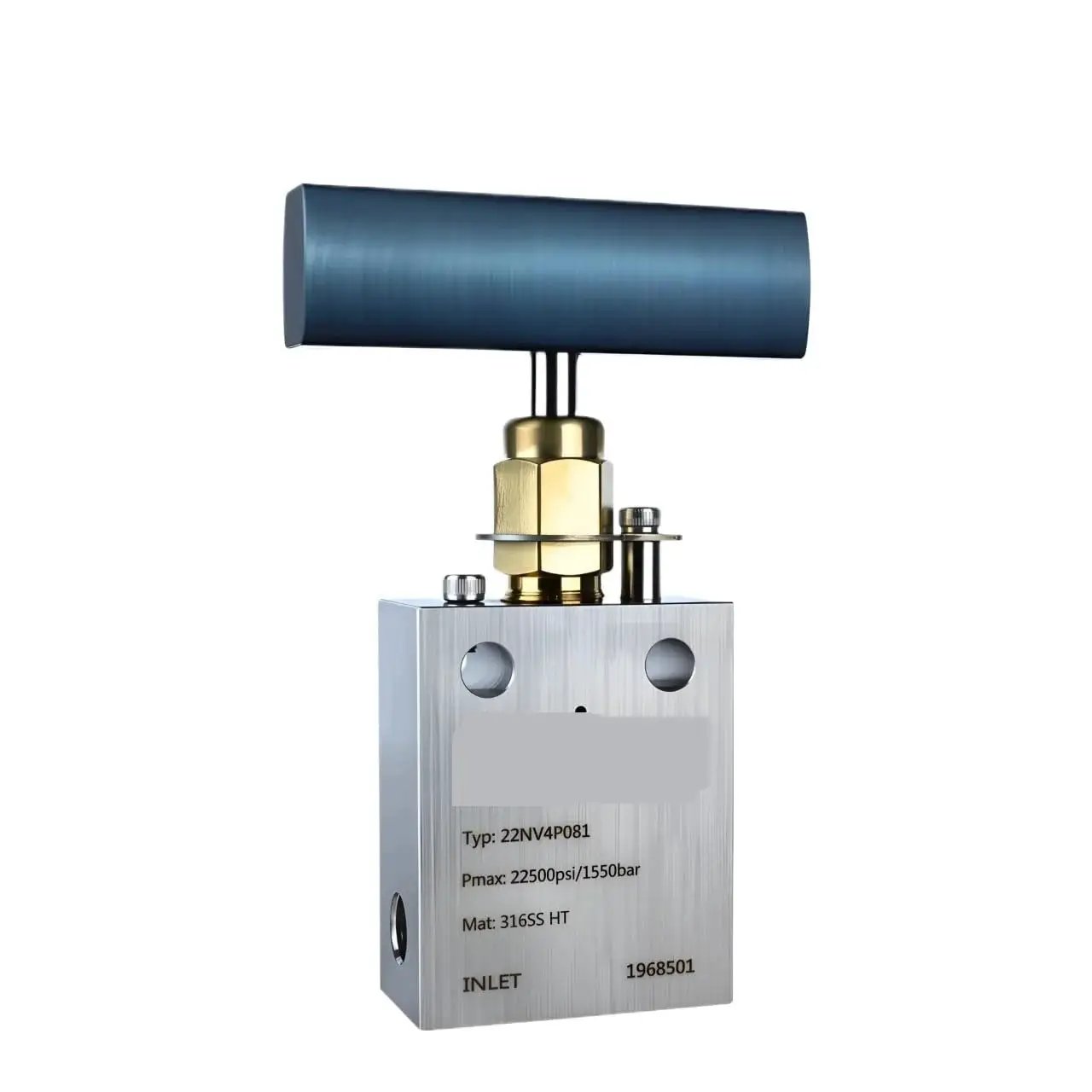 Front view of Beefy Ultra High Pressure 316 Stainless Steel Needle Valve 22500 Psi 155 MPa Autoclave Ready with Female NPT Threads.