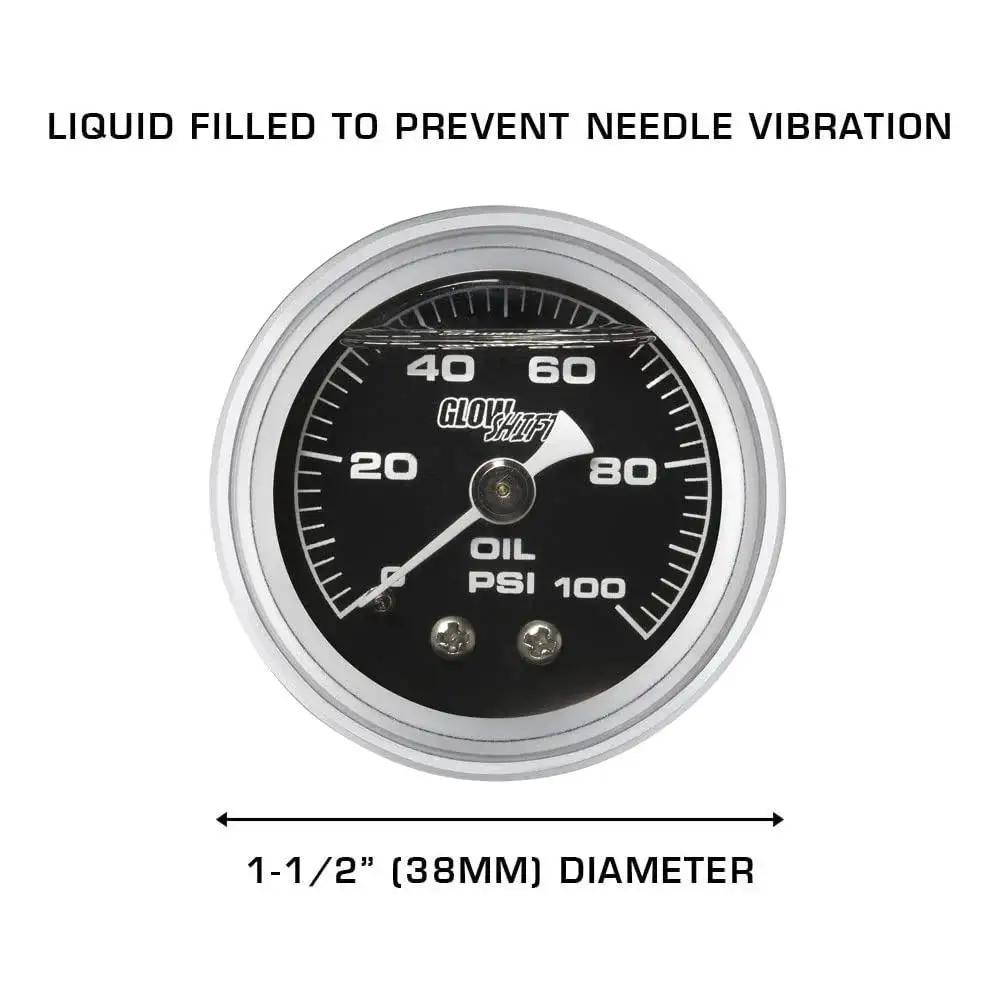 Front view of Liquid Filled Mechanical Oil Pressure Gauge 0 To 100 Psi With 1-1/2 Inch Black Dial White Needle Clear Lens Waterproof