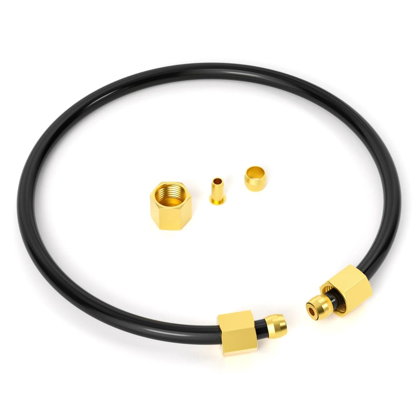 Air Compressor Unloader Tube Kit 15 Inch, 10 Pack With Quarter Inch Sleeve Ferrules, Compression Inserts And Nuts, High Quality Brass Fittings And Nylon Tube, Easy To Install No Soldering Required, Standard Compression Fit For Fast Leak Free Connections, featuring black nylon tube and brass fittings.