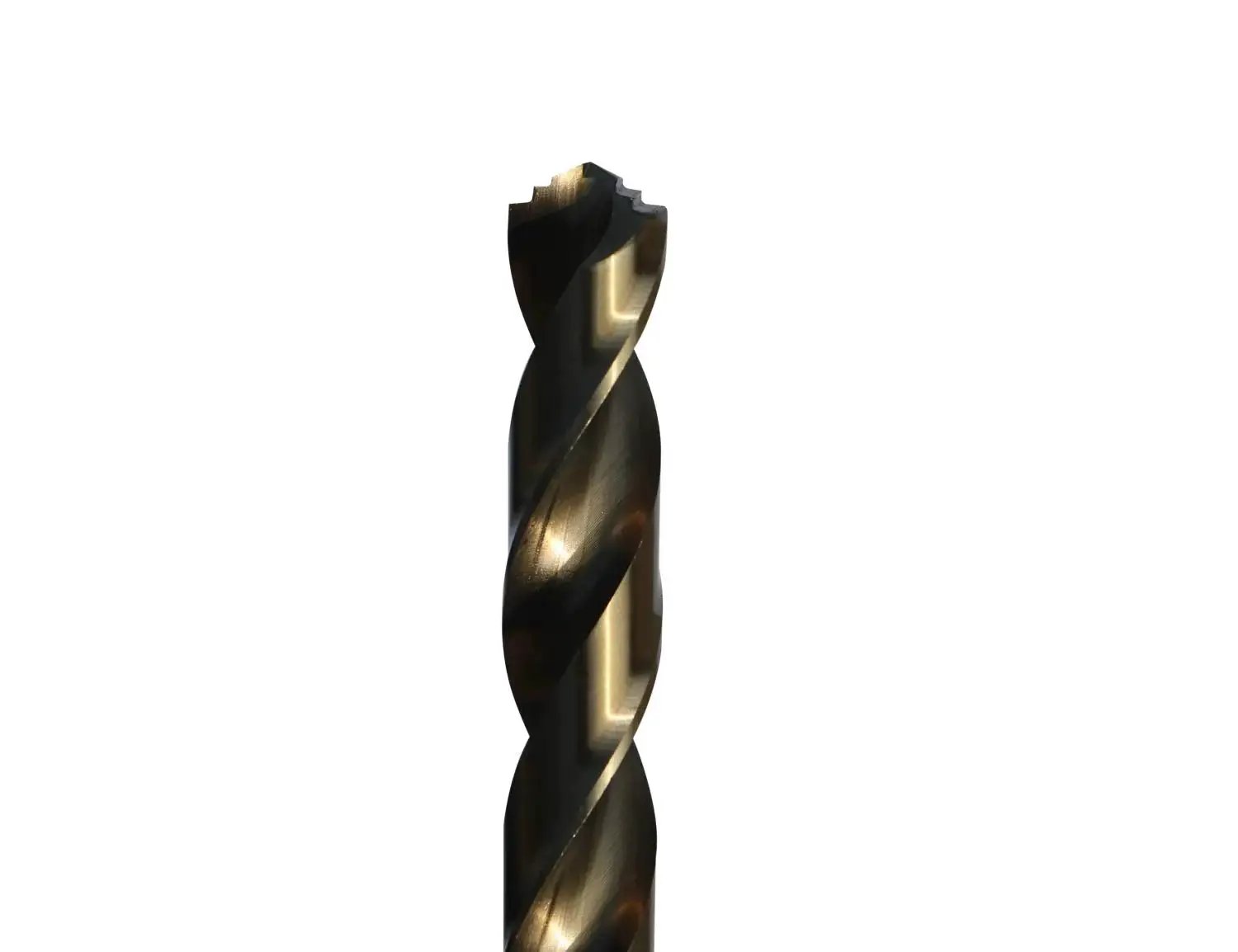 Close-up of M42 8% Cobalt Twist Drill Bit for Stainless Steel, features three-step cutting for fast holes in aluminum and plastic.
