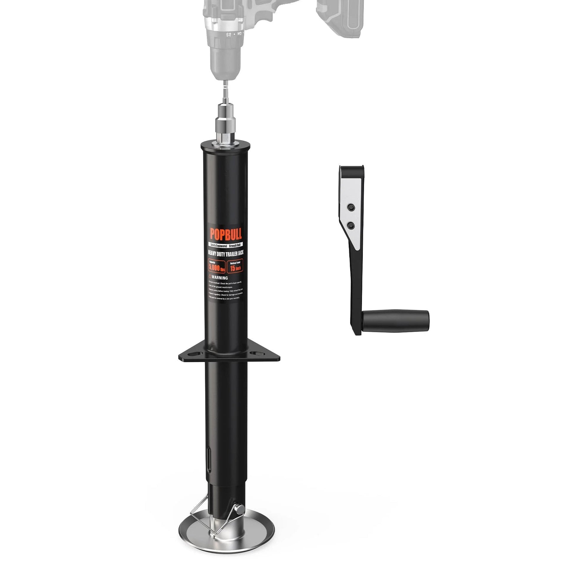 Heavy Duty 5000lb A Frame Trailer Jack With 30 Inch Lift And 20 To 24V Cordless Drill Compatibility Manual Overdrive Option Adjustable Drop Leg For RVs Horse Trailers And Utility Trailers, shown with handle attachment.