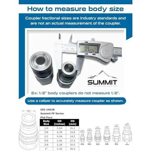Diagram and caliper measuring Flat Face Quick Connect Couplers For Skid Steer Half Inch NPT Thread High Flow Two Sets