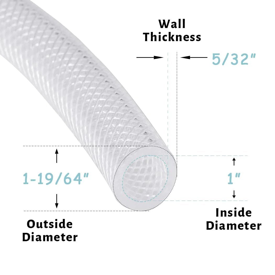 Heavy Duty Braided Clear PVC Tubing By DAVCO 1 Inch ID 25 Ft With Stainless Clamps High Pressure Flexible Reinforced Plastic Hose Non Toxic BPA Free For Water Air Fuel Transfer showing diameter measurements