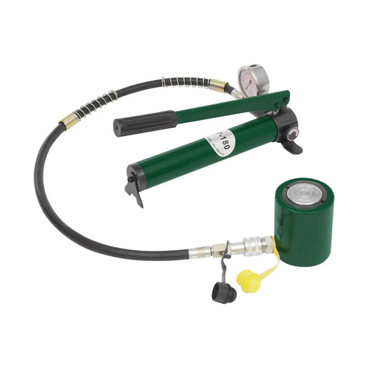 20 Ton Hydraulic Ram Jack With Hand Pump And Gauge Low Profile Porta Power Kit in green color, front view