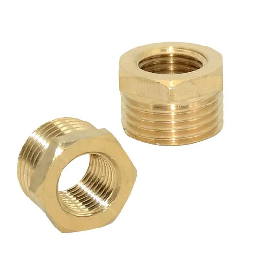 Brass Reducer Adapter One Quarter Inch NPT Male To One Half Inch NPT Female Hex Bushing Pipe Fitting shown in close-up view