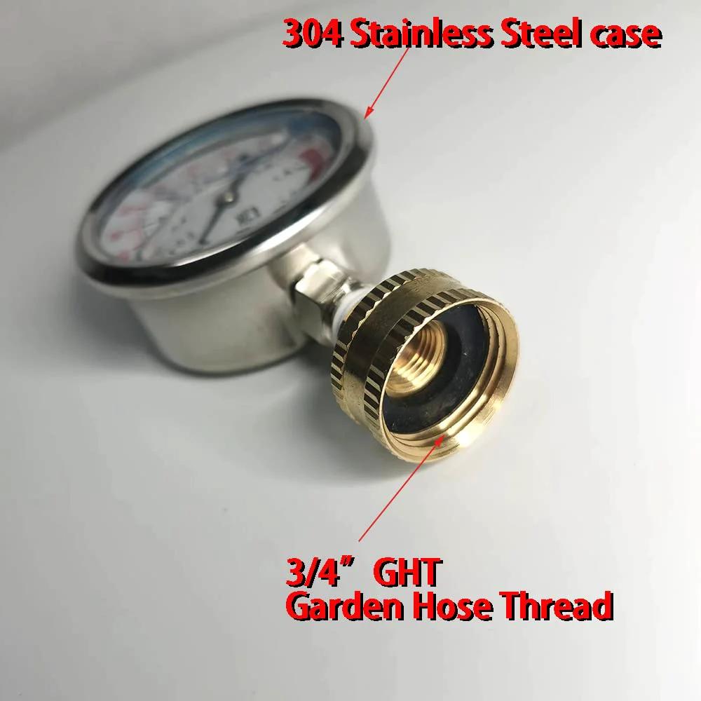 Close-up of Liquid Filled Stainless Steel Pressure Gauge 0 to 220 PSI Two and a Half Inch Dial Three Quarter Inch Female GHT thread