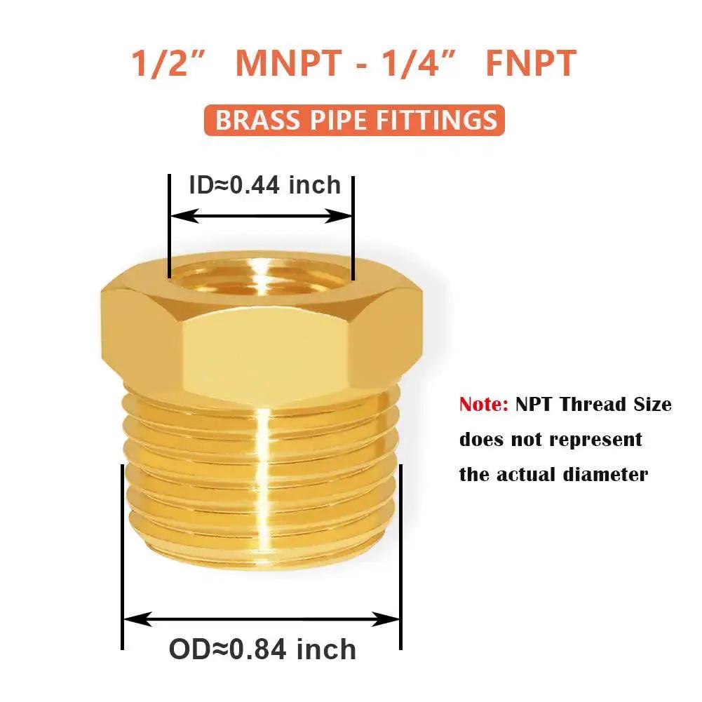 Brass Reducer Hex Bushing Half Inch NPT Male To Quarter Inch NPT Female Six Pack Pipe Fittings Adapter with dimensions shown