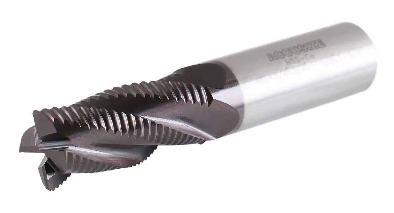 Side view of Beefy Roughing End Mill TiAlN Coated M42 Cobalt With Standard Tooth Four Flute Three Quarter Inch Diameter Model 1102-0034 By Accusize.