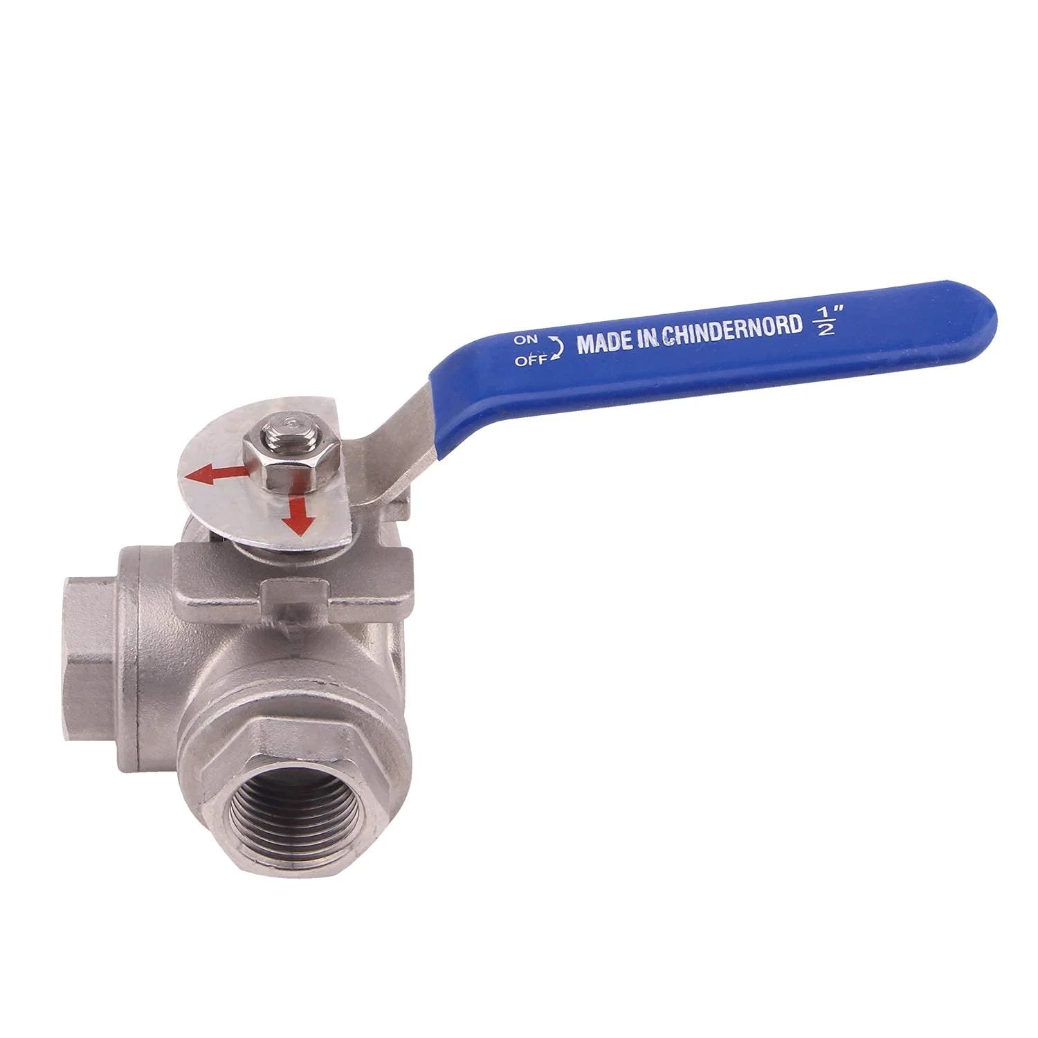 3-Way Ball Valve With L Mounting Pad 1/2 Inch NPT Stainless Steel 304 Female For Water Oil And Gas 1000 PSI Max -20F To 410F Vinyl Locking Handle Threaded Disassembly DERNORD side view