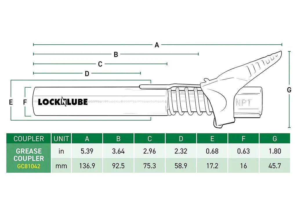Dimensions and specifications of Extra Reach XL Grease Gun Coupler With Universal Fit Locking Hands Free Design For Recessed Fittings