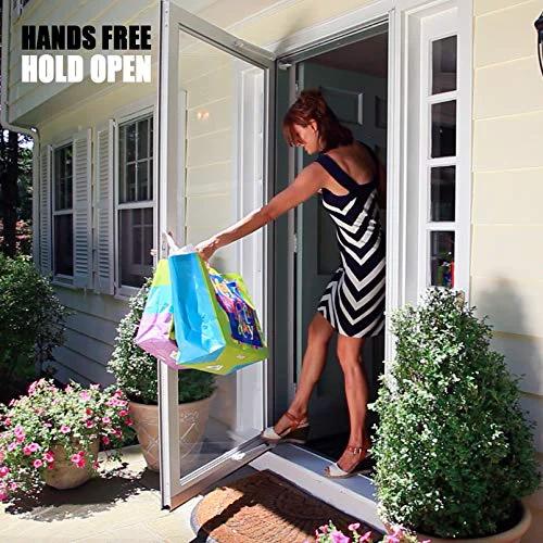 Woman opening door with Touch N Hold Smooth Dual Door Closer System Black Heavy Duty With Touch Button Hold Open Feature installed.