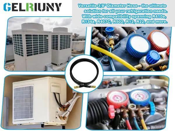 Upgraded 15660 Three Eighths Inch Heavy Duty Vacuum Hose For HVAC Systems Five Feet Long Includes Three Eighths Inch Fittings 600 PSI Working Pressure 3000 PSI Burst Compatible With Most Refrigeration And Air Conditioning Equipment with images of HVAC units and gauges.