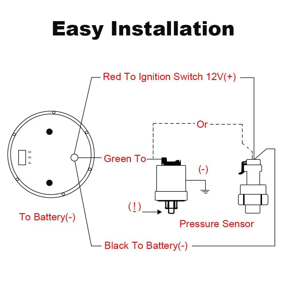 Diagram showing easy installation steps for 2 Inch Oil Pressure Gauge 0 to 150 PSI DC 12V Gauge Kit for car, truck, marine vehicle.