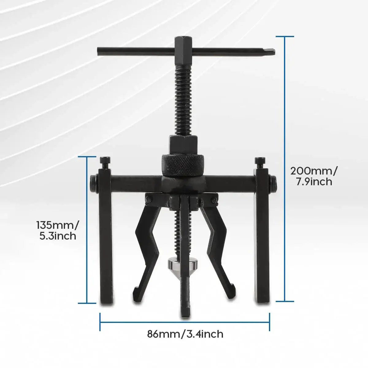 Three Jaw Bearing Puller Tool Kit For Pilot And Blind Bearings showing tool dimensions and three-jaw design in black CR-V steel.