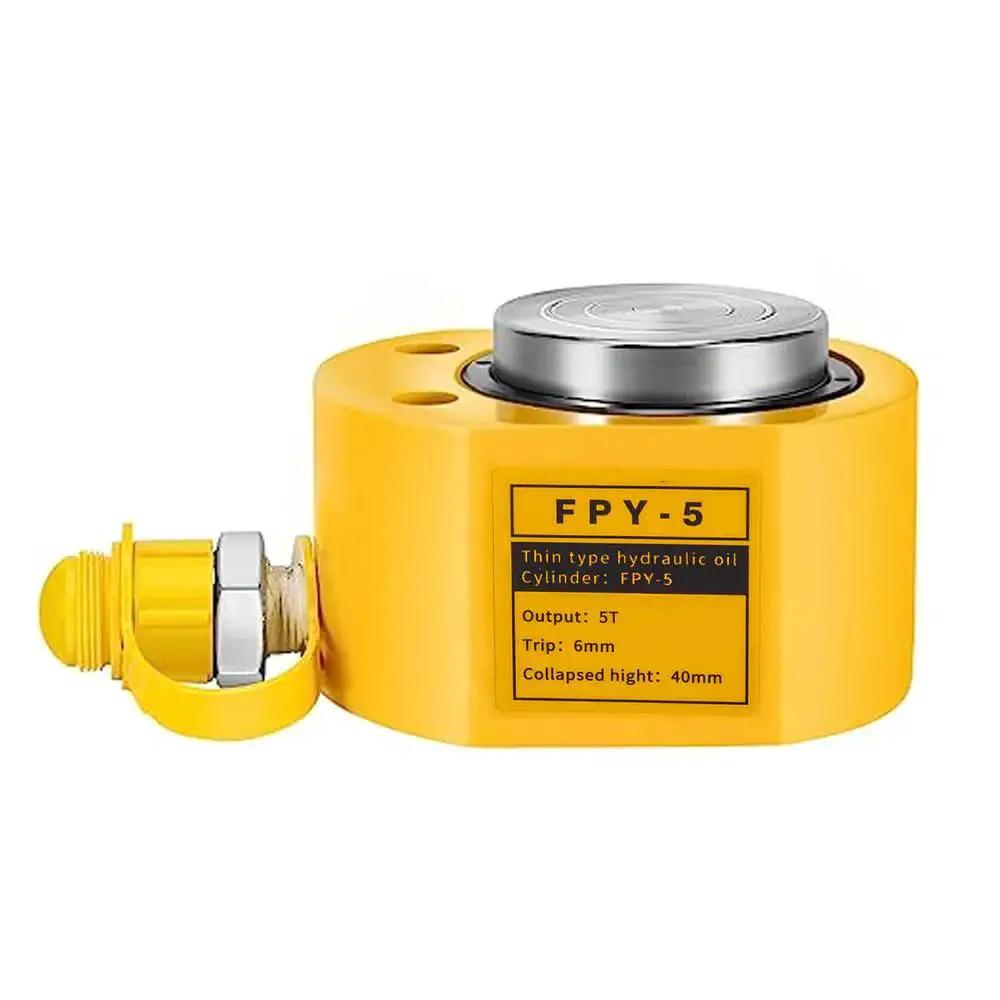 5 Ton Hydraulic Cylinder Jack 6mm Stroke Portable Porta Power Single Acting in yellow metal, side view with gauge and label