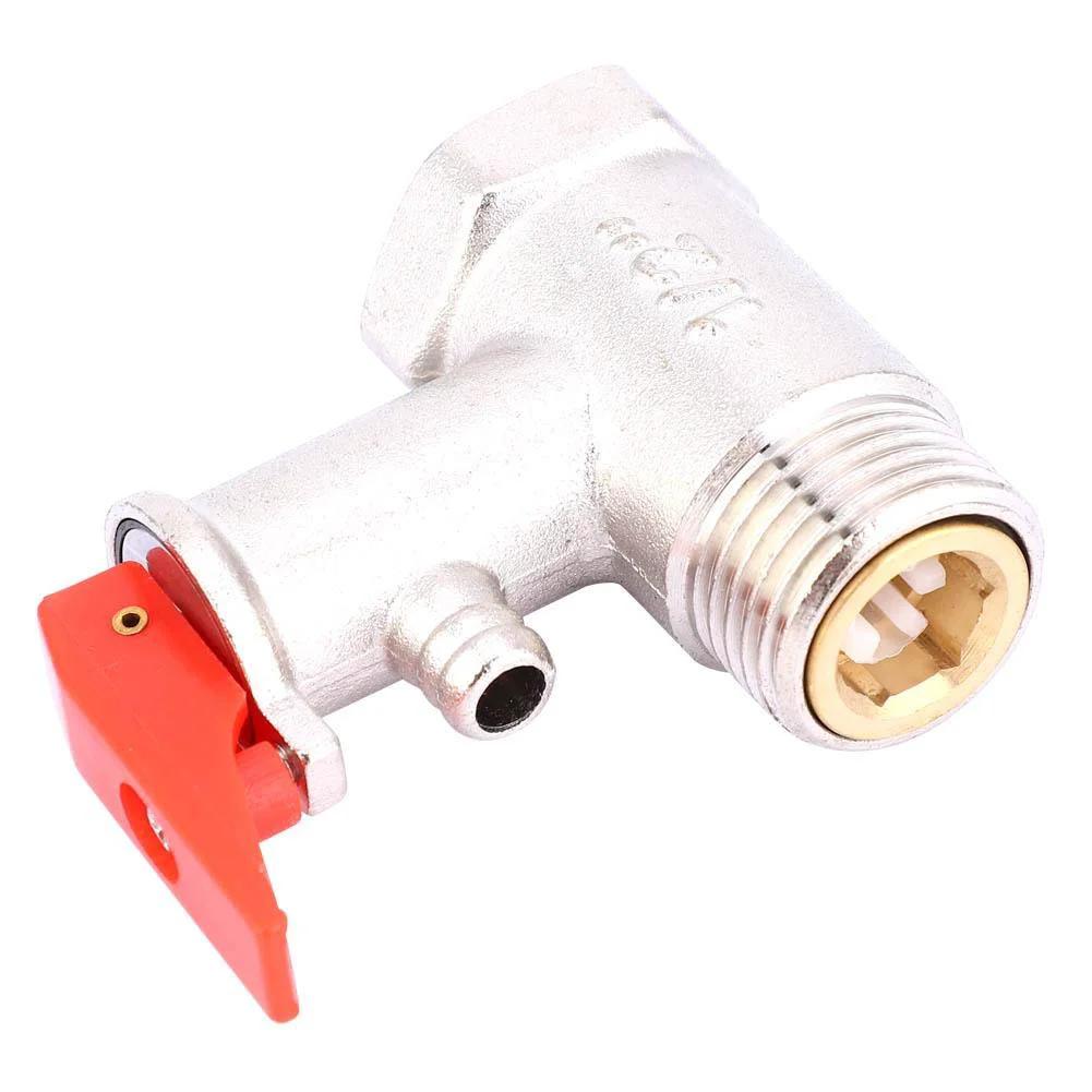 Front view of a Heavy Duty Water Heater Safety Valve FTVOGUE with brass plated body, G1/2in bottom inlet, and red handle.