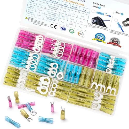 120 Piece Heat Shrink Wire Connector Kit With Waterproof Automotive Marine Terminals, Crimp Connector Set Including Ring Fork Spade Butt Splices, Durable Copper Barrels For Tight Crimping And Minimal Voltage Drop, High Conductivity TICONN in a clear storage case showing various connector types.