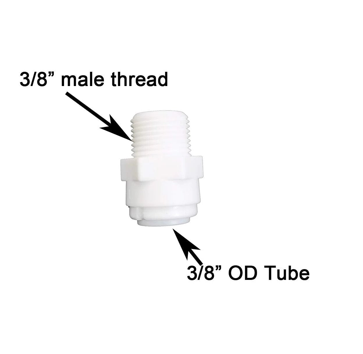 3/8 Inch Quick Connector Fittings 5 Pack For Water Purifiers And Reverse Osmosis Systems Straight Male Thread Adapters 3/8 Inch Male To 3/8 Inch OD Tube POM PE Easy Install No Tool Needed illustration showing male thread and OD tube points