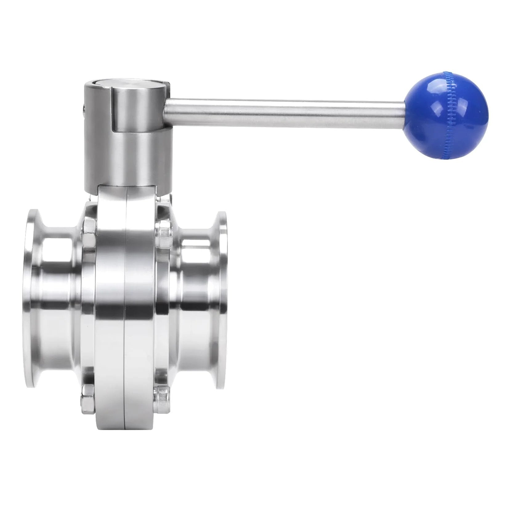 Side view of Two Inch Heavy Duty Tri Clamp Sanitary Butterfly Valve With Pull Handle Stainless Steel 304 2 Pack Clover Clamp Style