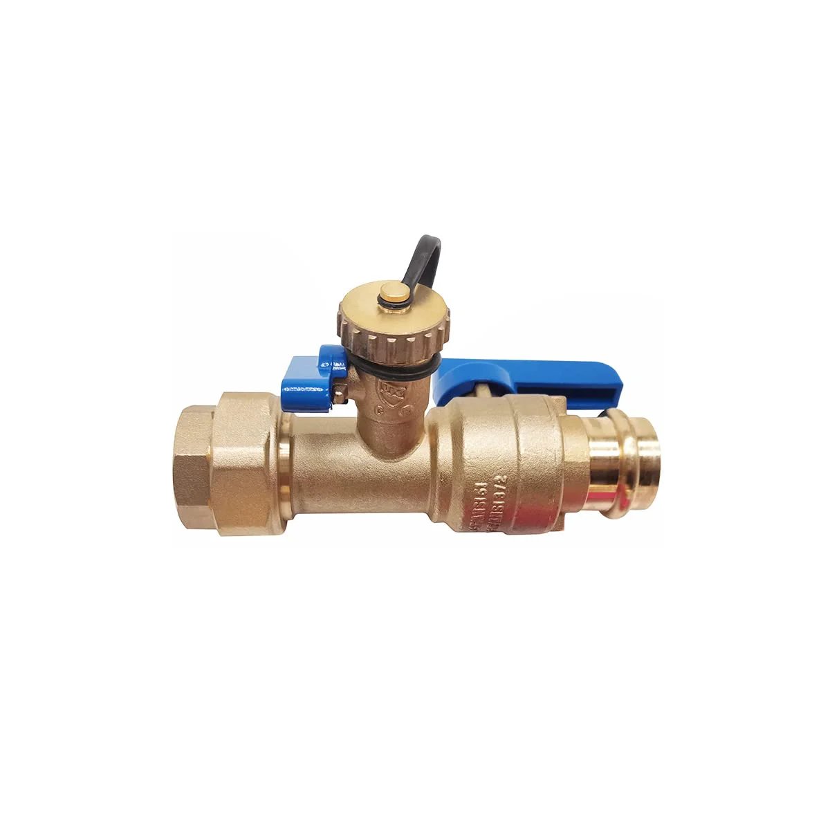 Tankless Water Heater Isolation Valve Kit With Pressure Relief Valve In Clean Brass For Low Lead Codes, Three Quarters Inch Female Threaded X Press Connection, Easy Install Three Quarters Inch Service Installation Valve For Rheem Rinnai Takagi EcoSmart