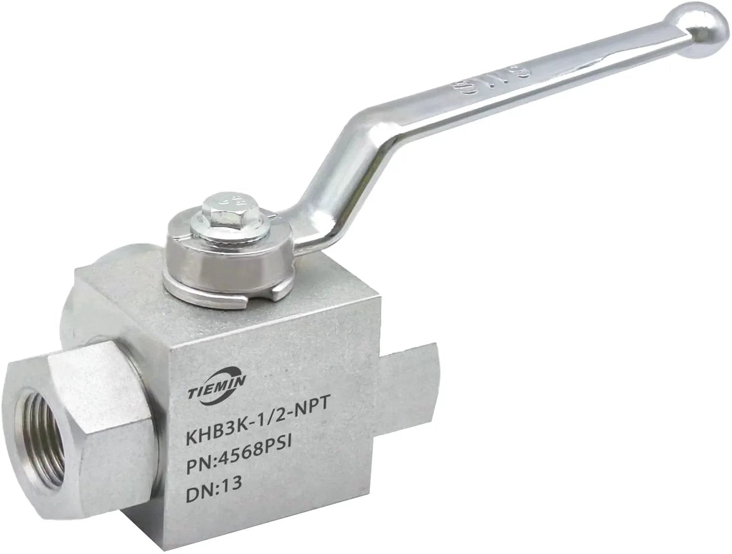Beefy One-Half Inch Hydraulic Ball Valve for High Pressure Systems, Three-Way Shut-Off, Model KHB3K, side view with handle