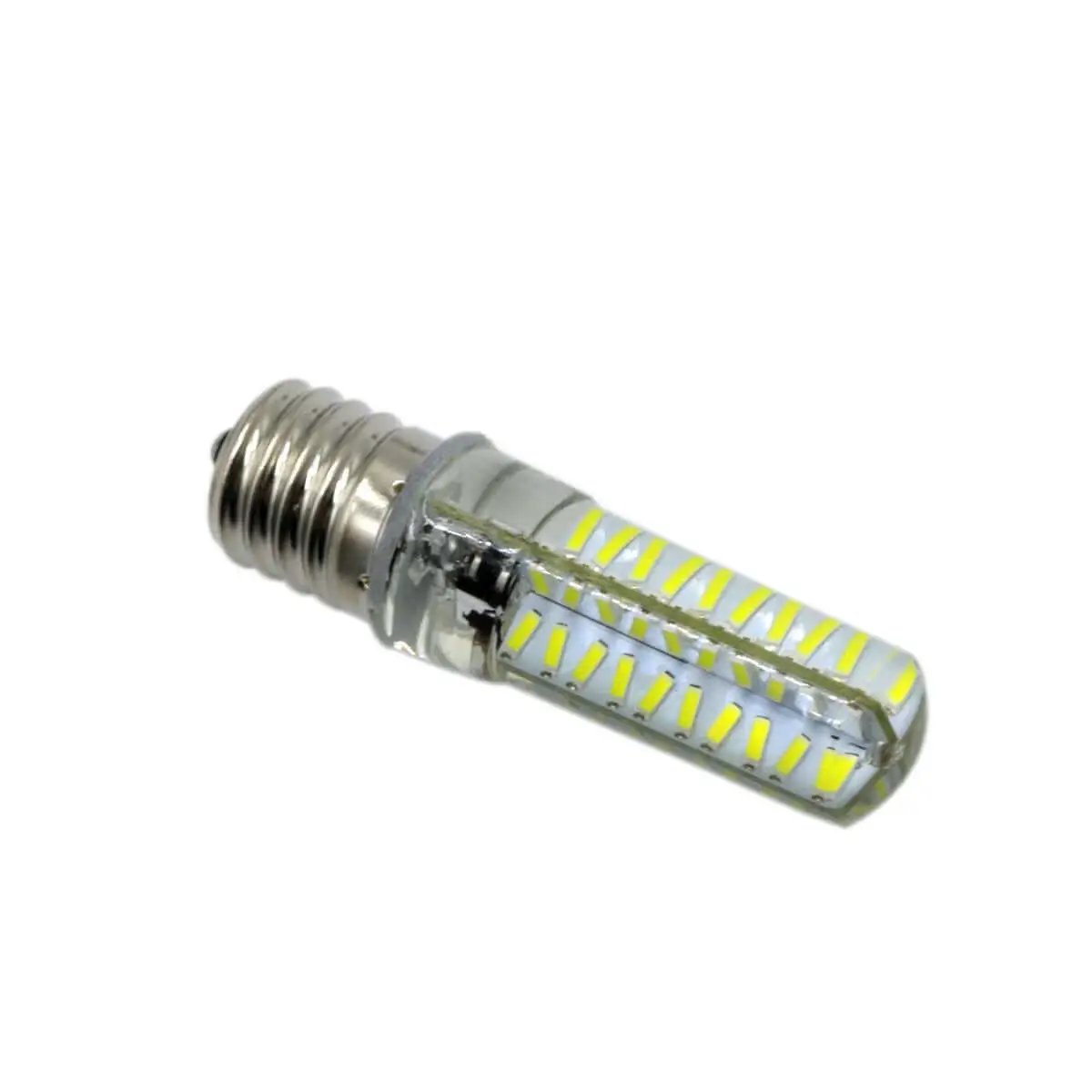 LED light bulb with E27 base, showcasing visible yellow LED components inside a transparent housing, side view.