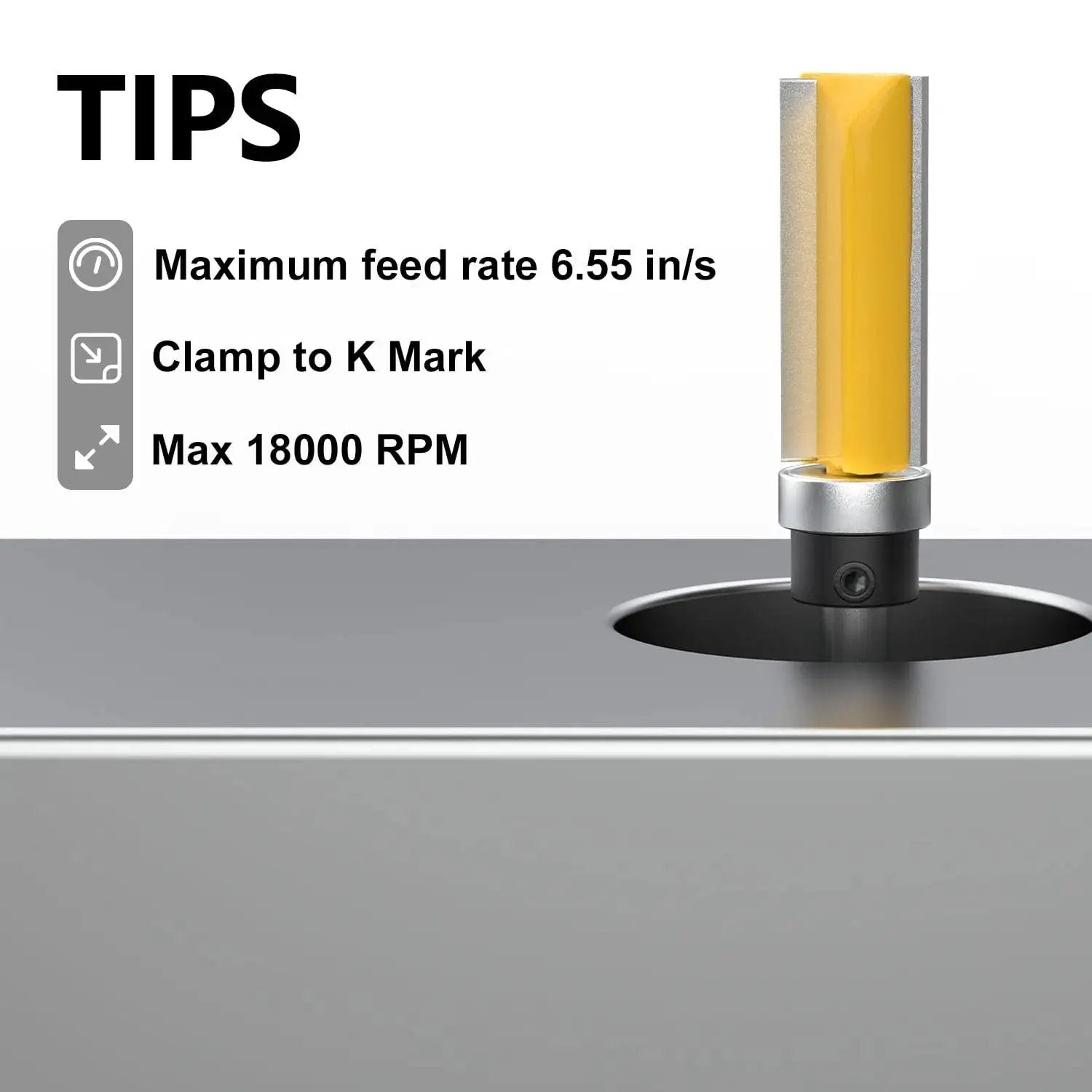 Pattern Flush Trim Router Bit Set With Bearing Guide For Tearout Prevention in use with machine showing tips for optimal performance.