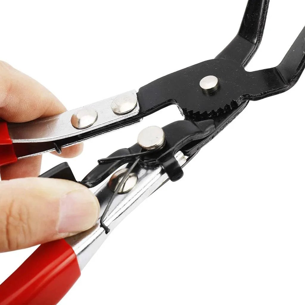 Close-up of Two Piece Hose Clamp Pliers Set with 45 Degree Angle Flat Belt Hose Clamp Pliers held by hand for automotive repair.