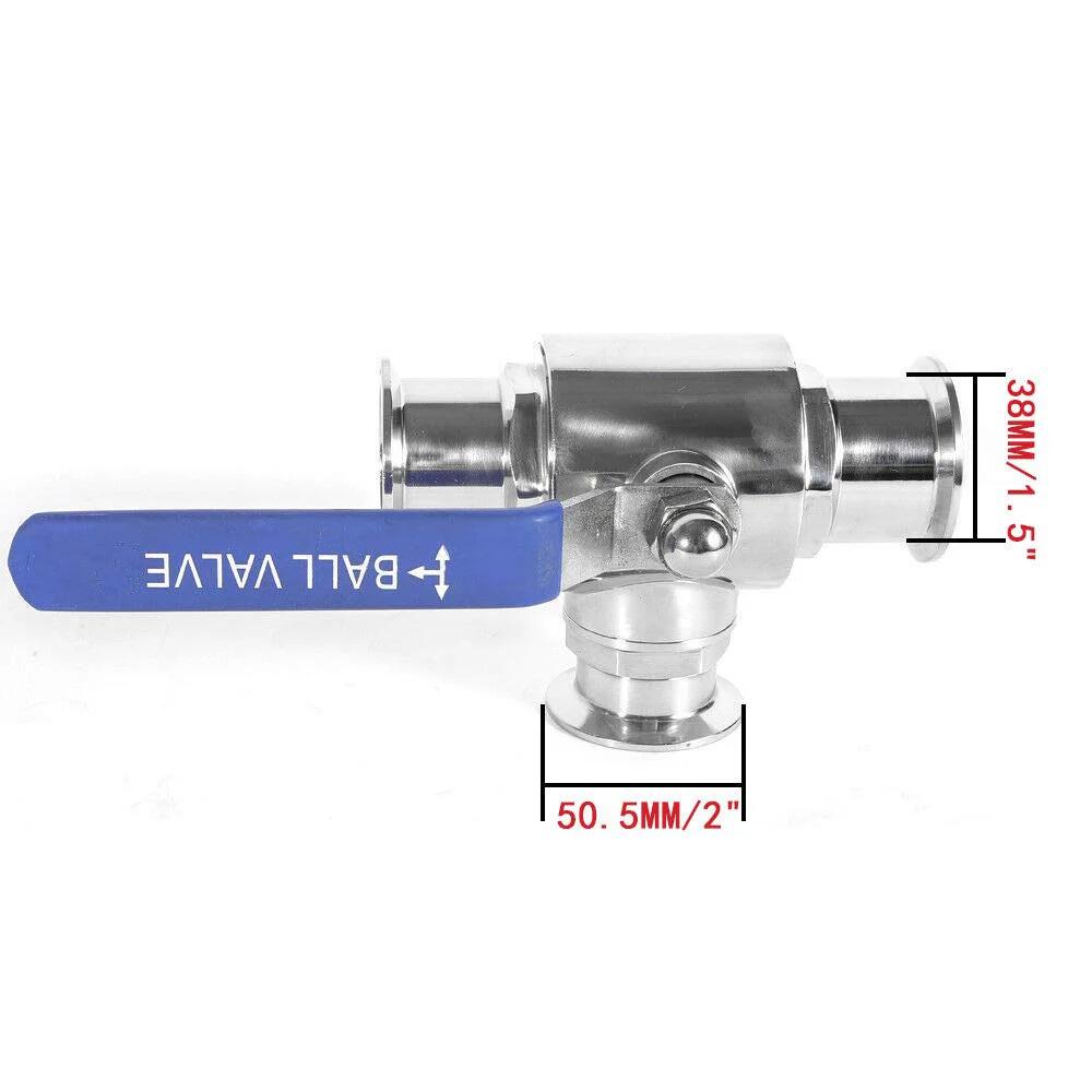 Side view of 1.5 Inch Tri Clamp Sanitary Ball Valve With 3 Way Tee Port T Port PTFE Lined, Stainless Steel 304, measurements shown.