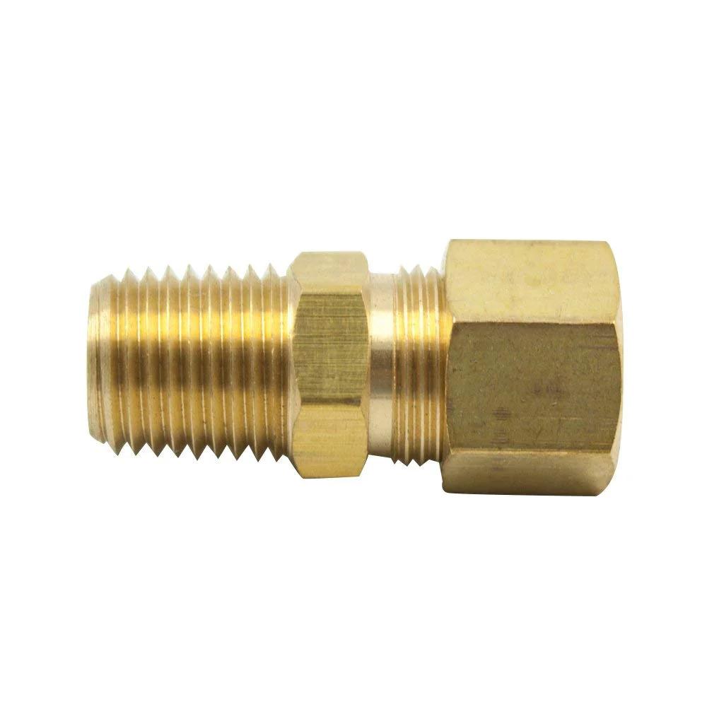 Brass Compression Tube Fitting Adapter For Three Sixteenths Inch Tube To One Eighth Inch NPT Male Connector, Pack Of Five Vis, side view