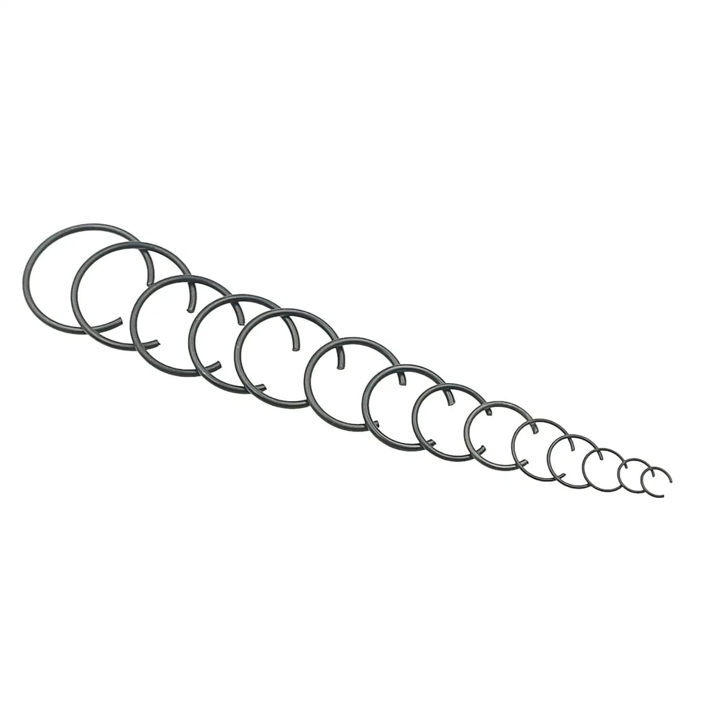Pro Grade 310-Piece Round Wire C Clip Snap Ring Set, 14 Sizes For Holes 7mm To 30mm, Internal Retaining Rings Kit displayed in a line.