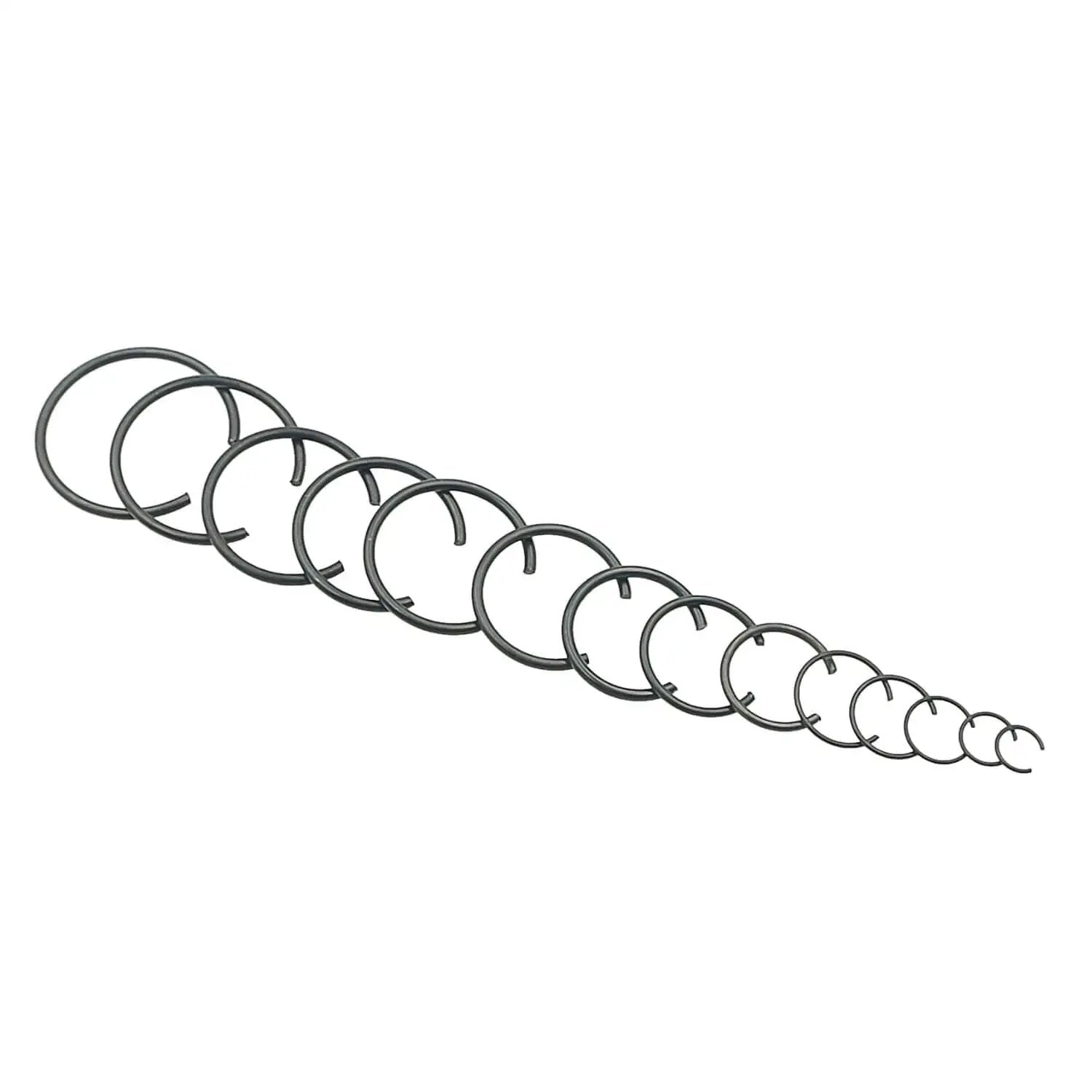 Pro Grade 310-Piece Round Wire C Clip Snap Ring Set, 14 Sizes For Holes 7mm To 30mm, Internal Retaining Rings Kit displayed in a line.
