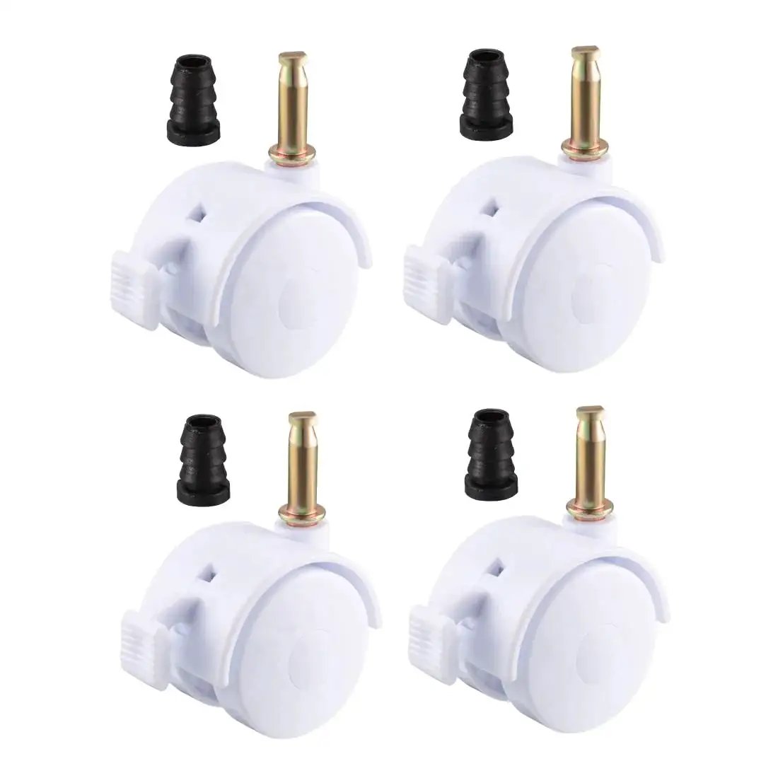 Swivel Caster Set One Point Five Inch Grip Neck White Plastic Casters With Brakes And Mounting Socket Four Pack Thirty Nine Millimeter Wheels Five Kilogram Capacity Per Wheel Quiet Rolling, view of 4 casters with grip neck and sockets