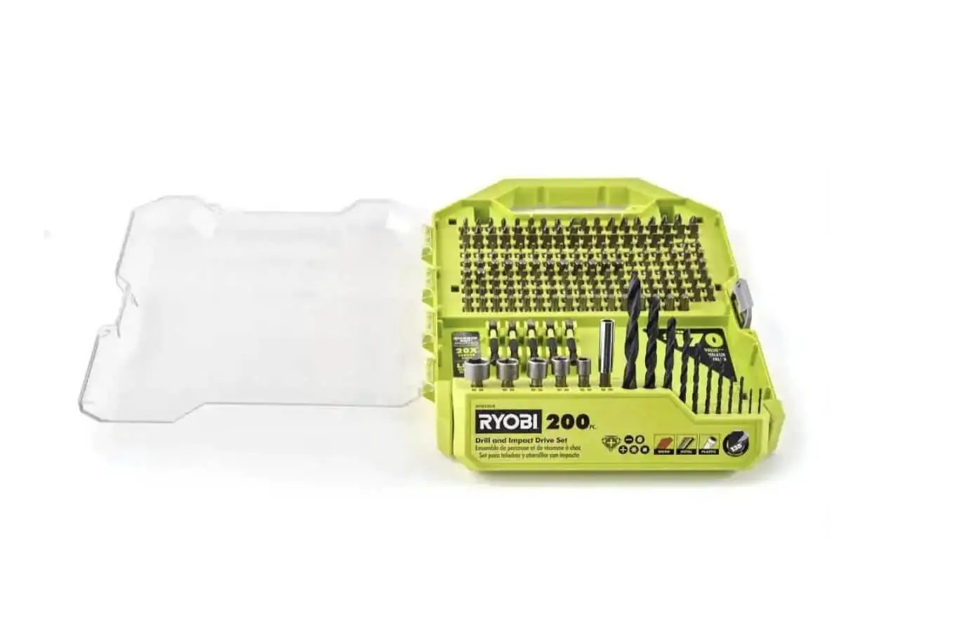 200 Piece Drill And Impact Drive Set Ryobi With Diamond Grit Bits for Longer Life and Stronger Grip in open case