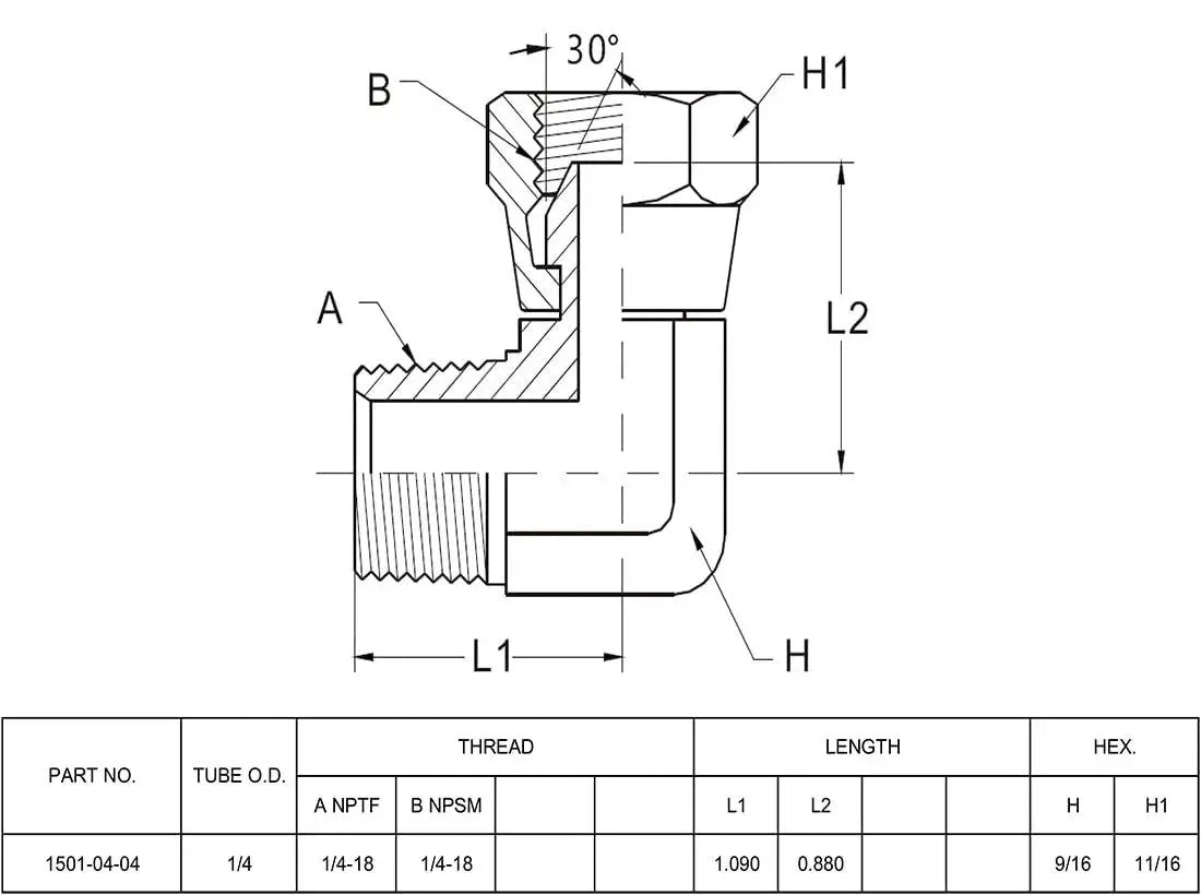 Diagram of 2 Pack Hydraulic Hose Adapter Fitting 1/4 Inch Male NPTF To 1/4 Inch Female NPSM Swivel 90 Degree Elbow in carbon steel.