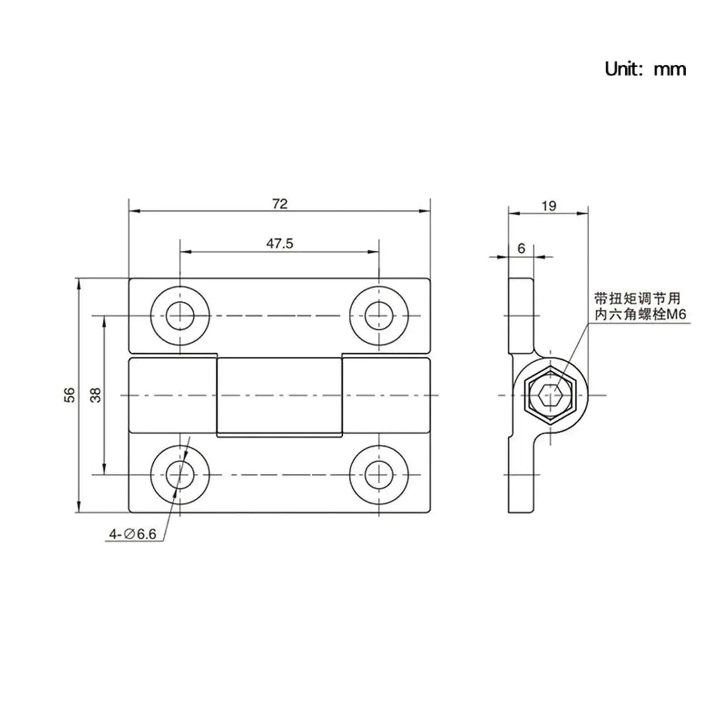 Technical drawing of Flat Opening Torque Hinge Plastic Gate Hinge With Adjustable Torque One Piece White Durable Gate Hardware.
