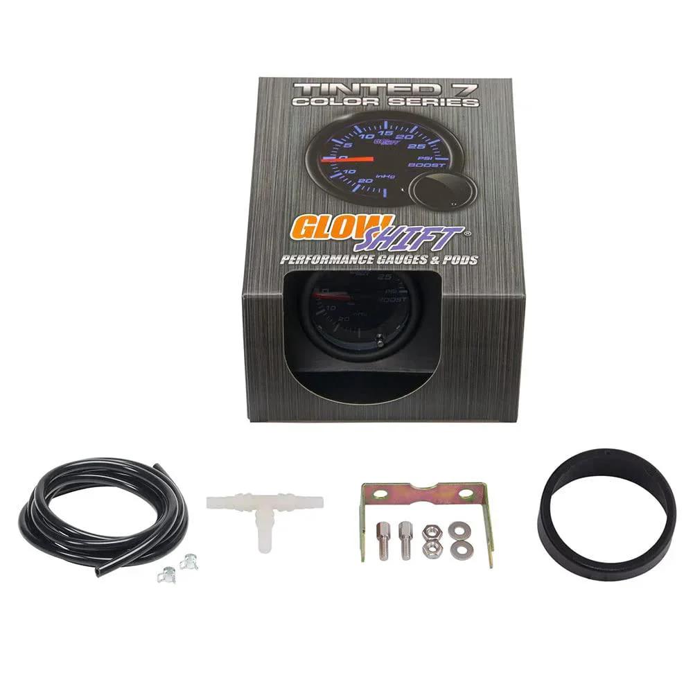 Tinted 7 Color 30 PSI Turbo Boost And Vacuum Gauge Kit With Mechanical Hose T Fitting And Wiring, Multi Color Display, Black Dial, Smoked Lens For Car And Truck 52mm Gauge Set GlowShift components and box front view