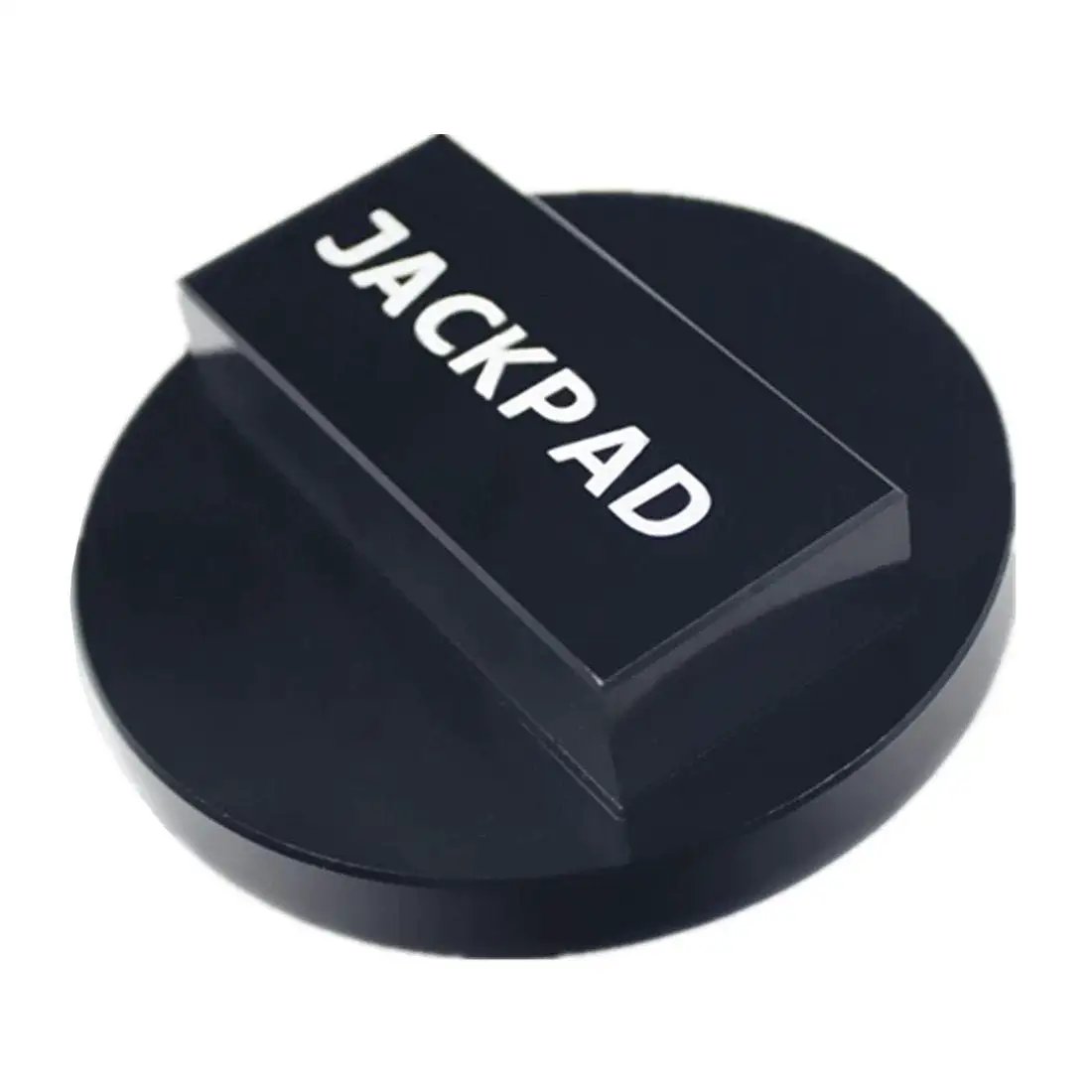Anodized Black CNC Aluminum Jack Pad Adapter For Safe Vehicle Lifts in round shape with block lettering on top