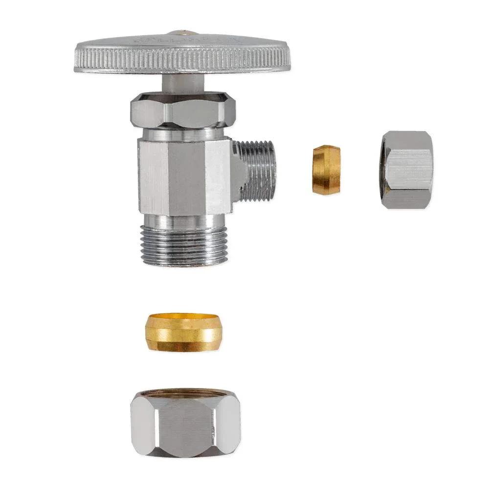 Multi-Turn Angled Stop Valve Three-Eighths Inch OD To Five-Eighths Inch OD Compression Brass Chrome Plumbing Fitting For Home Fixtures With Leakproof Teflon Seals Eastman, disassembled view