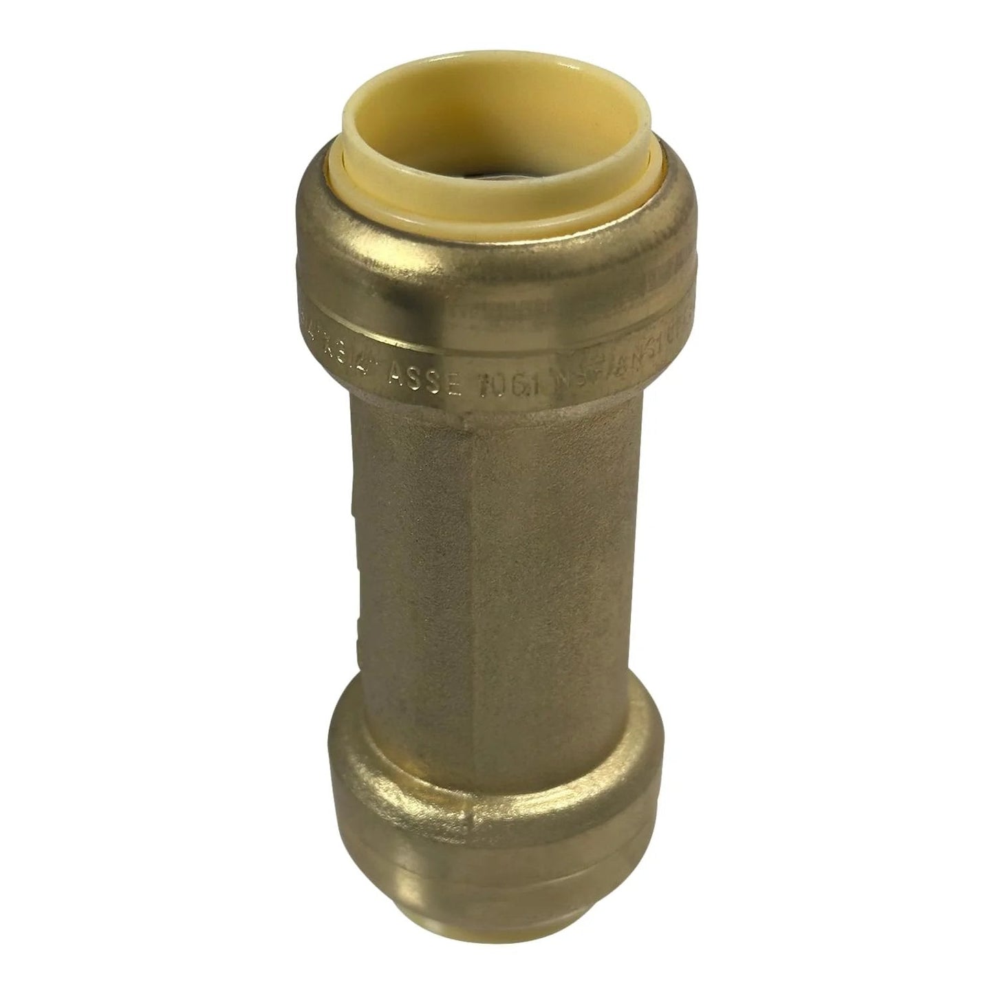 Front view of Push Fit Check Valve 3/4 Inch by 3/4 Inch Brass Lead Free For Copper CPVC PEX Pipes NSF ANSI 61 ASSE 1061 Certified