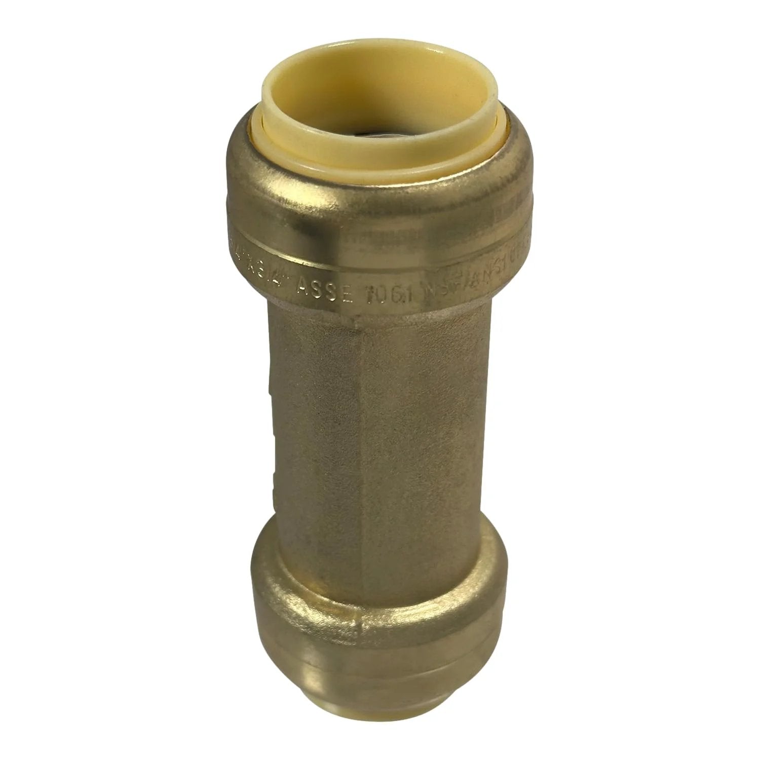Front view of Push Fit Check Valve 3/4 Inch by 3/4 Inch Brass Lead Free For Copper CPVC PEX Pipes NSF ANSI 61 ASSE 1061 Certified