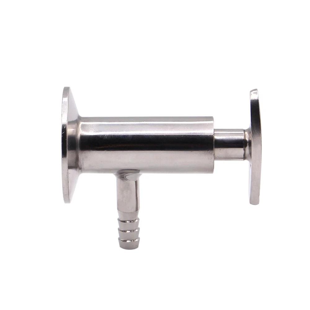 Side view of Sanitary Sample Valve One Point Five Inch Tri Clamp Ferrule With Elliptic Handle 10mm Hose Barb Outlet Stainless Steel 304.