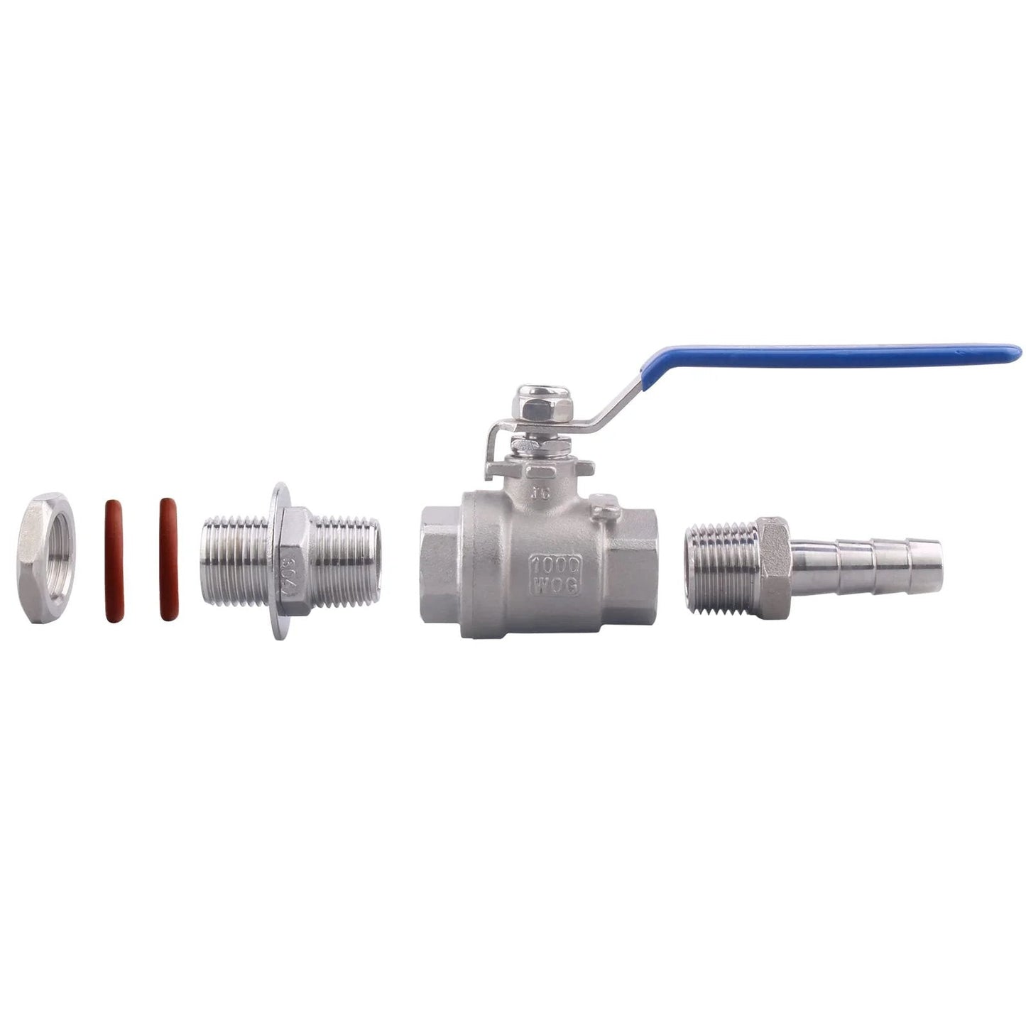 Stainless Steel One Half Inch Ball Valve Weldless Bulkhead For Home Brew Kettle One Half NPT To One Half Barb Hose Full Port Two Piece Design 1000 PSI Rated